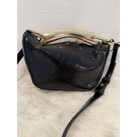 ZARA 2024 Black Mini Bucket Handbag Faux Leather Patent Textured Gold Handle New - Picture 10 of 13